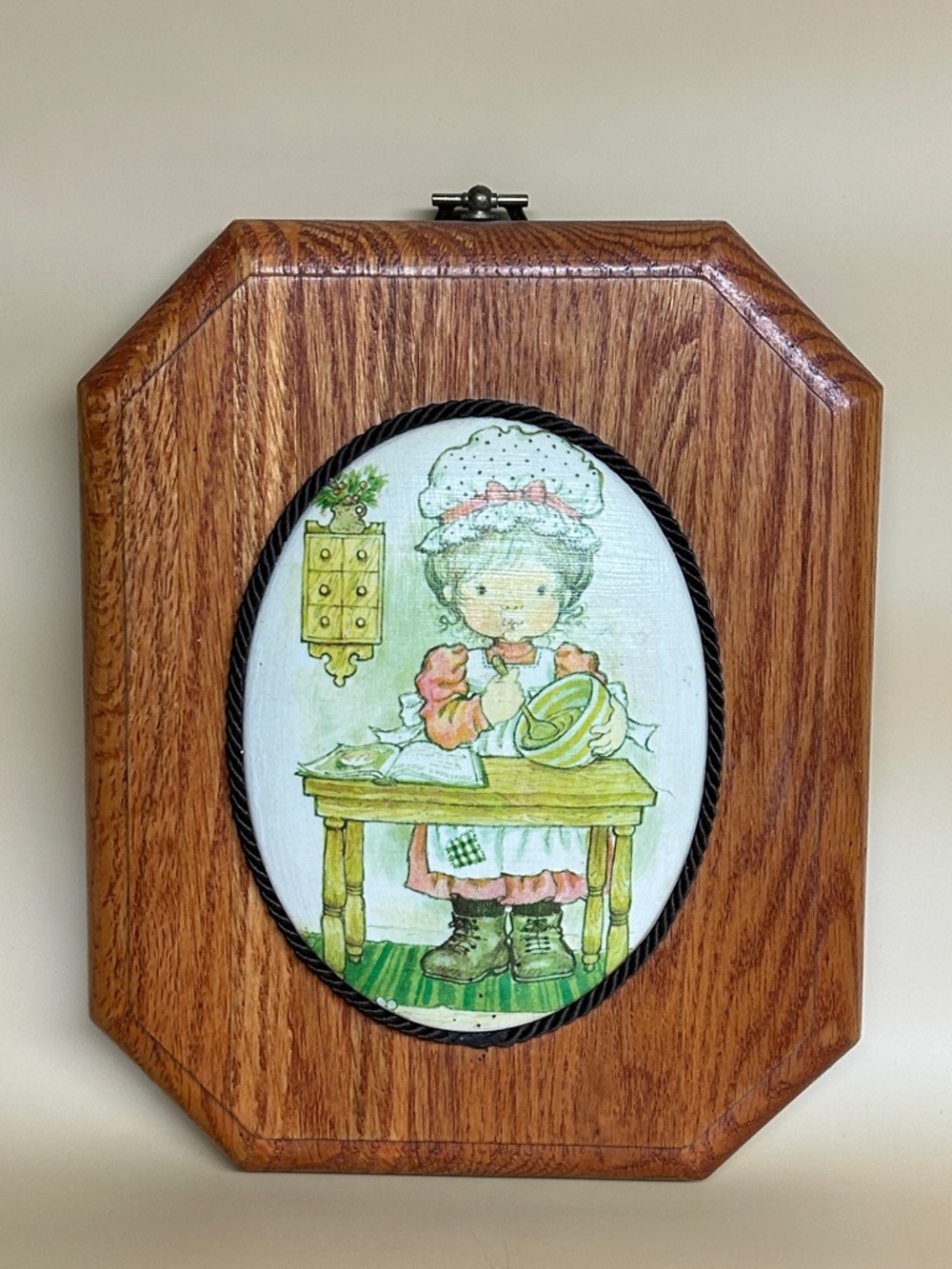 Vintage Style Wooden Plaque with Hand-Painted Girl Illustration by Sarah Kay.